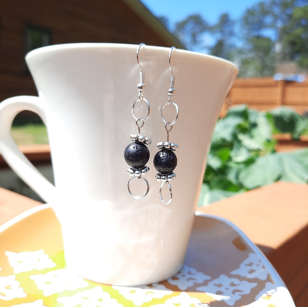Black Lava Stone Tibetan Bead Dangle Earrings
